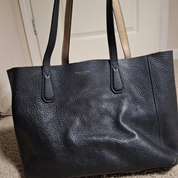 Tory Burch Black Pebbled Leather Tote with Tan Handles With Purse